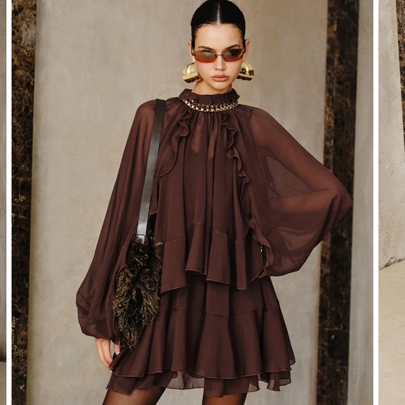 Commense Chocolate Brown Ruffle Mini Dress - Picture 1 of 5